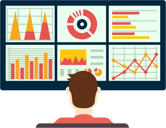 Painel com múltiplos gráficos coloridos representando análise previsto x realizado orçamentário