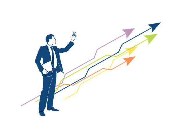 Profissional apontando setas coloridas pestel representando crescimento empresarial
