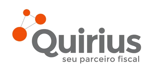 Logomarca Quirius para tributaria com conectores laranja e texto parceiro fiscal
