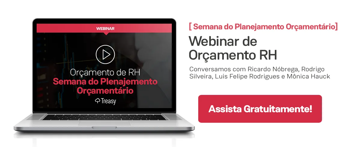 Banner de webinar exibindo laptop com conteúdo sobre plano de cargos e salários para RH