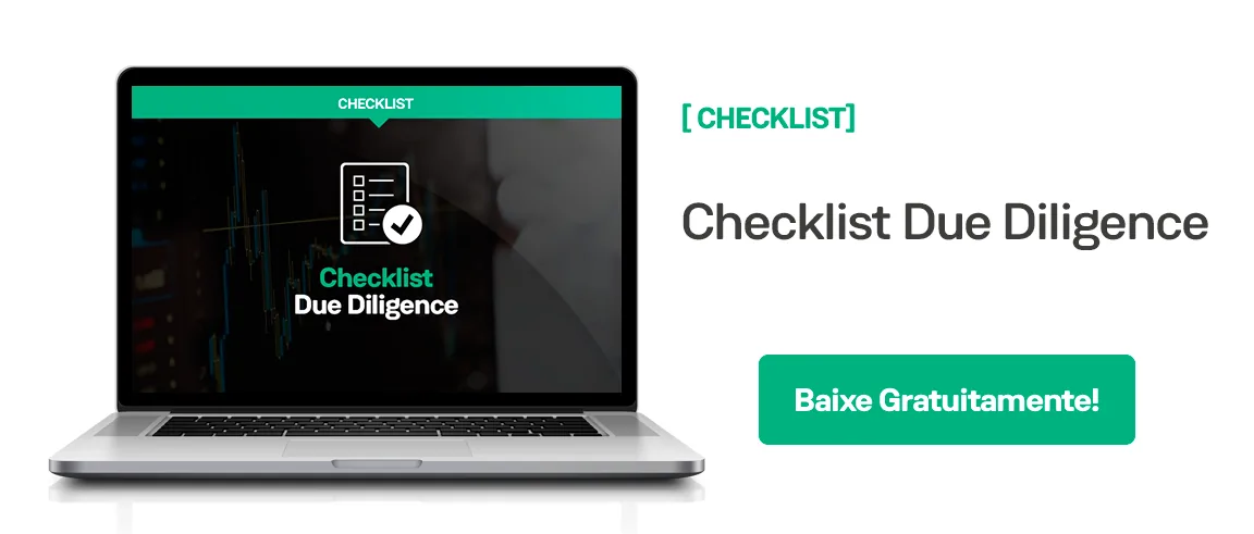 Banner com laptop mostrando checklist de due diligence para análise de private equity