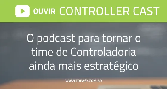 Controller Cast podcast banner verde com ícone play vaga de controladoria
