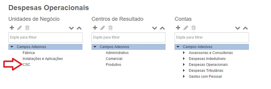 Painel de CSC centro de serviços compartilhados com categorias e contas detalhadas