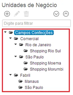 Menu de unidades de negócio para análise de despesas operacionais com filtros e divisões