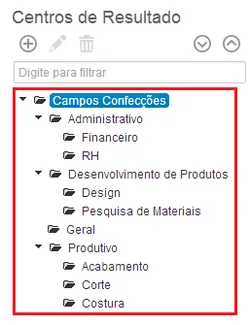 Menu de Centros de Resultado mostrando estrutura administrativo financeiro RH e departamentos