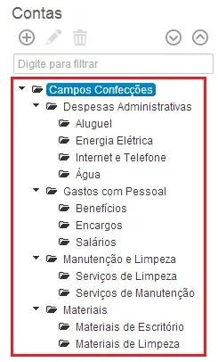 Menu de plano de contas para orçamento de despesas operacionais com categorias administrativas