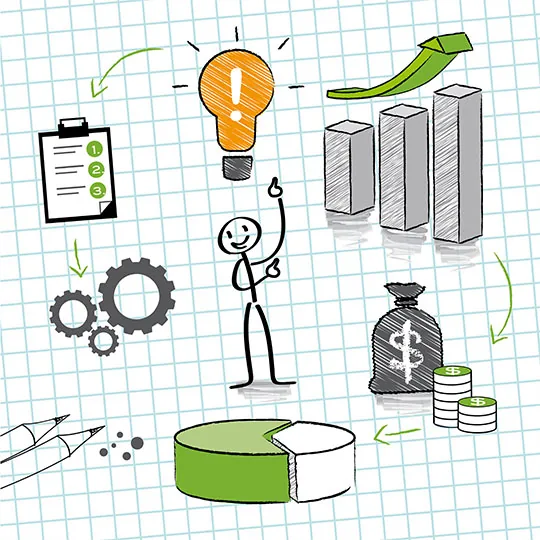 Ilustração de lâmpada engrenagens checklist gráfico moedas demonstrando budget orçamento