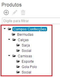 Tela software mostrando árvore categorias previsão de faturamento vendas estruturada