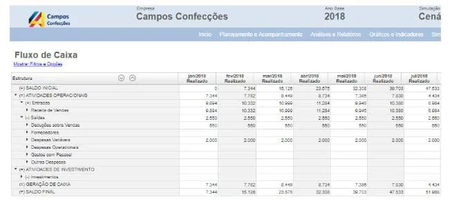 Interface Treasy como analisar um fluxo de caixa movimento planejado realizado
