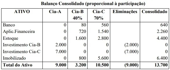 Balanço consolidado com proporções, eliminações e totalizações de demonstrações