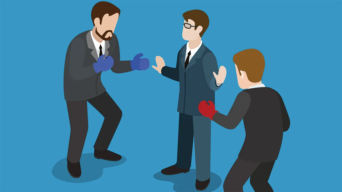 Ilustração de três profissionais fazendo saudação com punhos em azul exemplificando controller corporativo