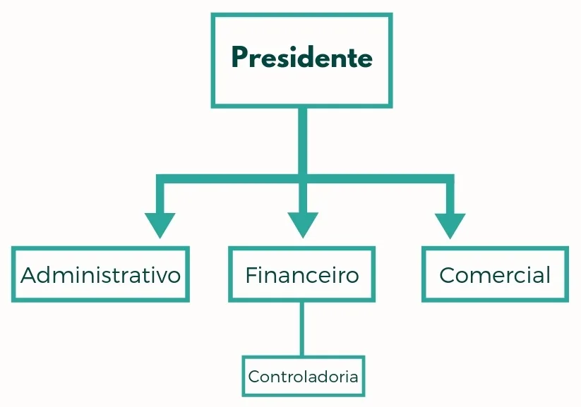 Organograma da estrutura de controladoria com presidente áreas do setor administrativo financeiro
