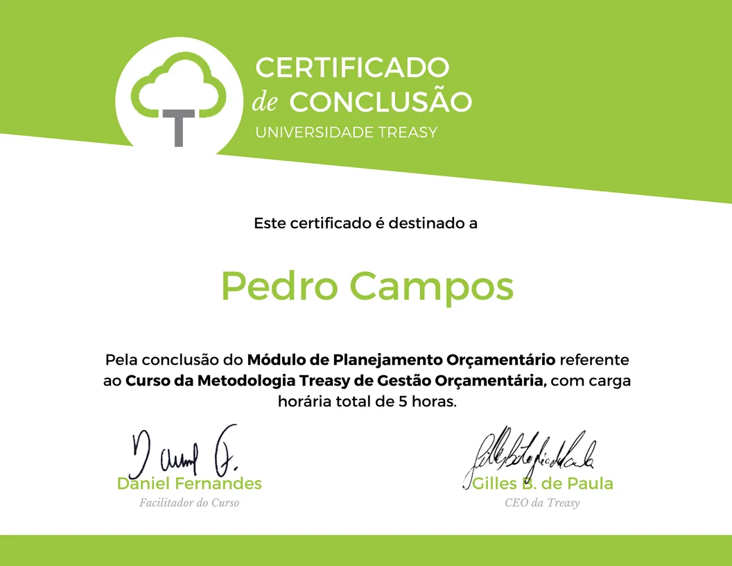 Certificado de conclusão da Universidade Treasy para curso de gestão orçamentária