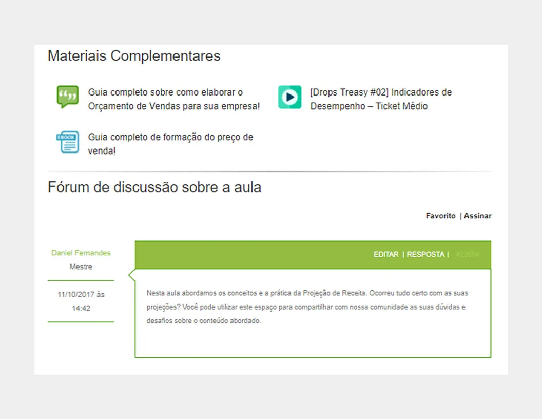 Tela de plataforma com materiais e fórum para curso de planejamento orçamentário