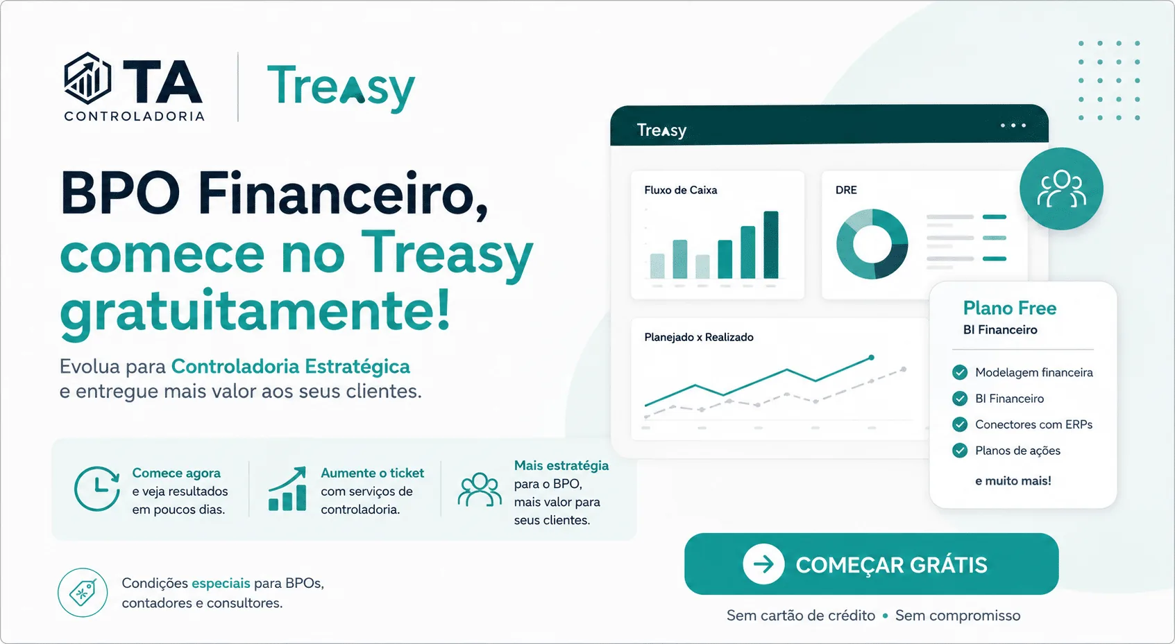 Banner de call to action BPO Financeiro Treasy para comece grátis