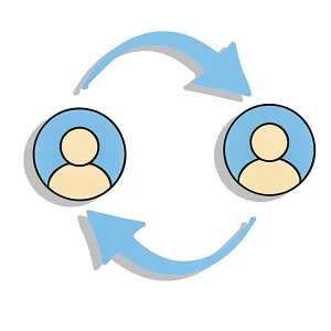 Duas figuras de pessoas com setas circulares indicando feedback e comunicação na administração downsizing