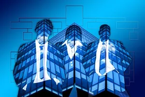 Edifícios corporativos modernos ilustrando controle de patrimonio e ativos fixos