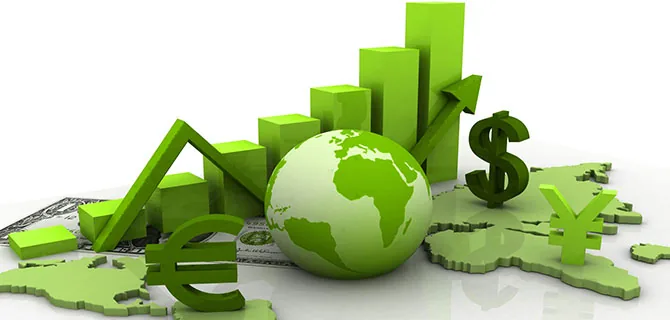 Globo verde com barras de crescimento e moedas mostrando indices economicos
