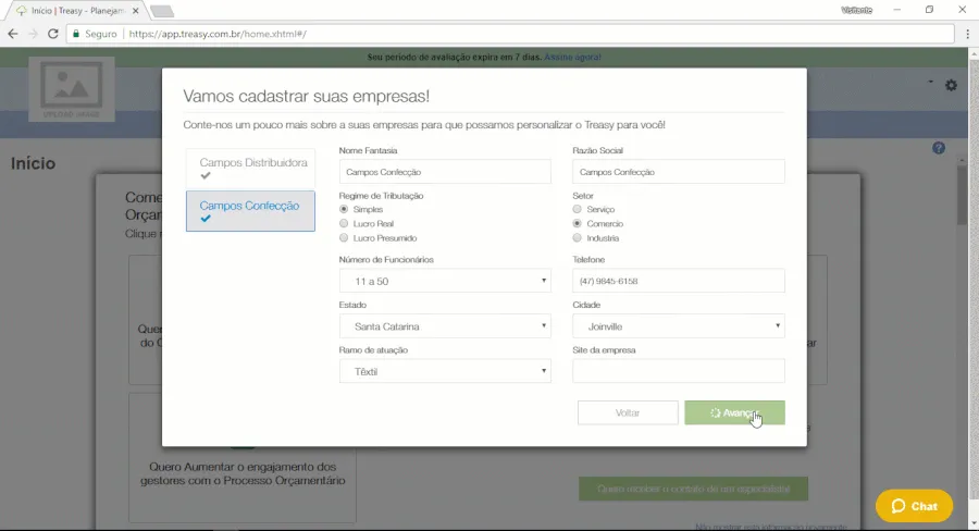 Tela de orçamento integrada Nibo software com Treasy para planejamento financeiro