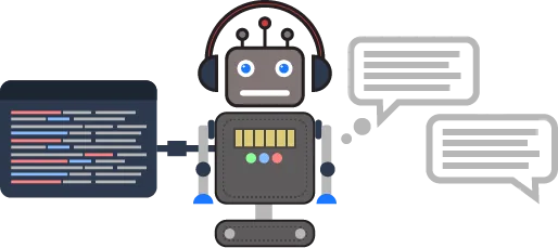 Robô gestor de inteligência artificial com fone processando chat inteligente