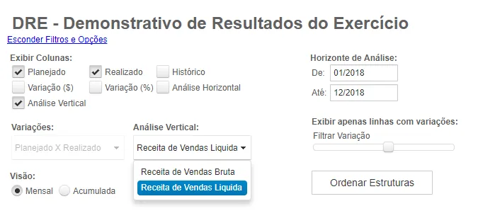 Demonstrativo de resultados com as evoluções via filtros de análise horizontal e vertical