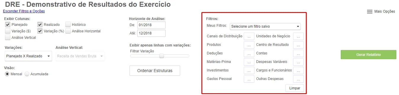 Demonstrativo de resultados com as evoluções acessíveis via menu dropdown selecionável