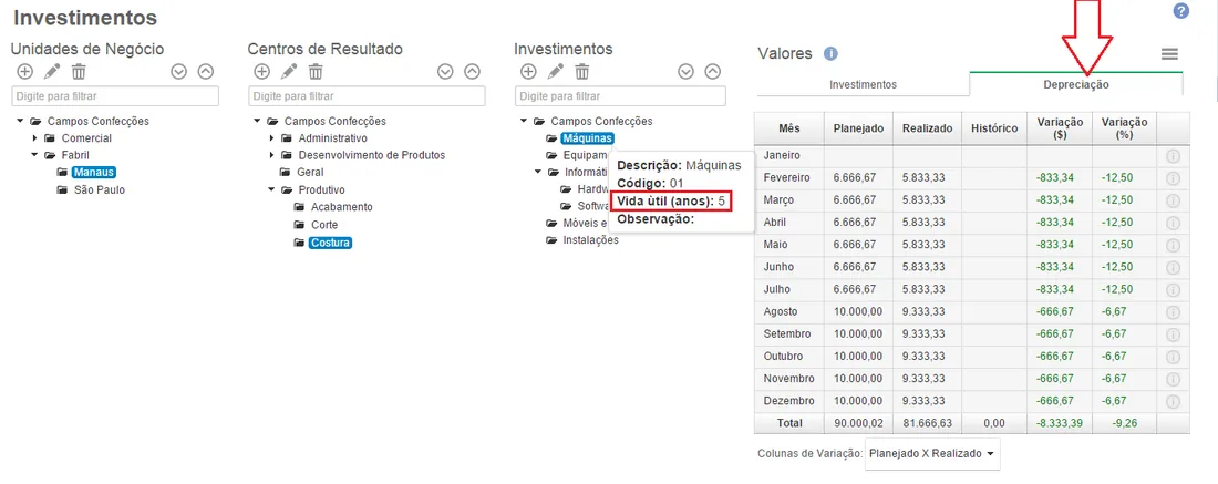 Tela de orçamento de investimento mostrando detalhes com redirecionamento em tabela expandida