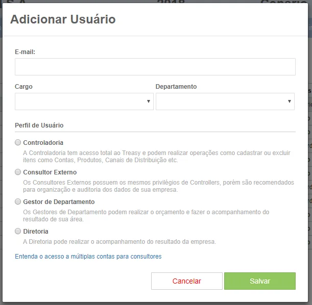 Interface de adição de usuários com segurança e gestão de campos de cargo e departamento