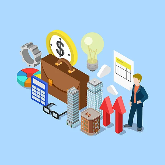 Ilustração 3D isométrica mostrando atividades área de planejamento com calculadora moeda construção