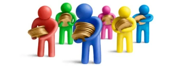 Figuras coloridas em silhueta abraçando moedas ouro representando area fiscal de uma empresa
