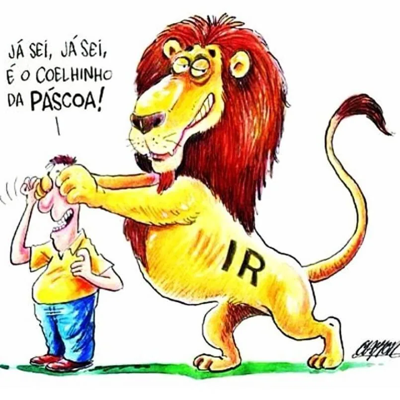 Leão vermelho amarelo em campo intimidando pessoa simbolizando desafios fiscal empresarial