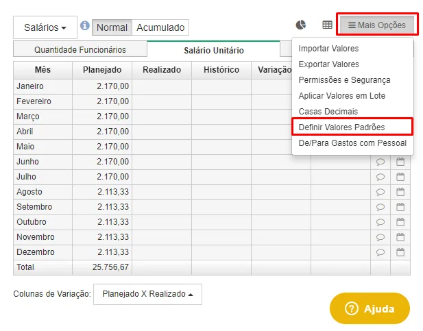 Formulário de definição de valores padrões para orçamento de departamento pessoal