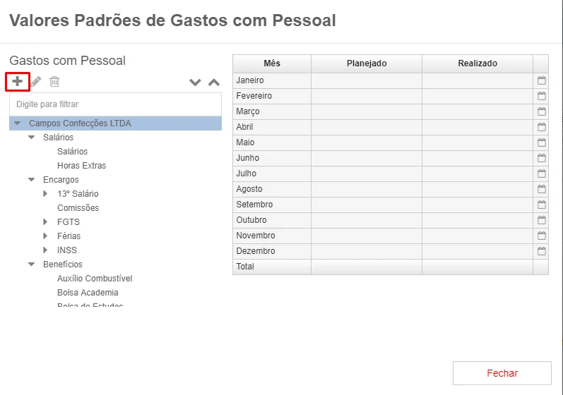 Interface para inclusão de benefícios mostrando previsão de despesas com empregados