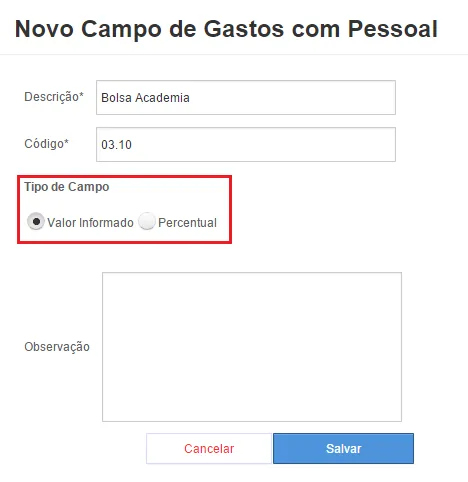 Interface mostrando novo campo de previsão de gastos na estrutura orçamentária