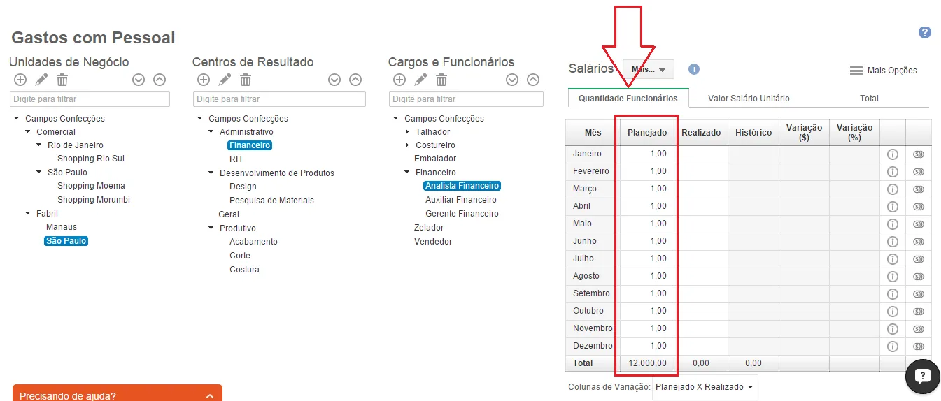 Tela com quantidade de funcionários e valores demonstrando projeção de gastos