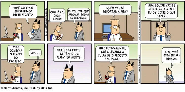 Tira cômica mostra diálogo profissional sobre orçamento de projeto com gerente supervisor