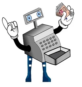 Personagem cartoon caixa registradora segurando dinheiro mãos inss sobre a folha