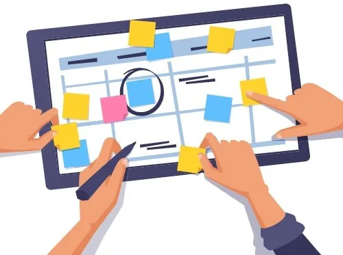 Mãos planejando com post-its e lupa em quadro branco illustrando estratégias para fluxo de caixa