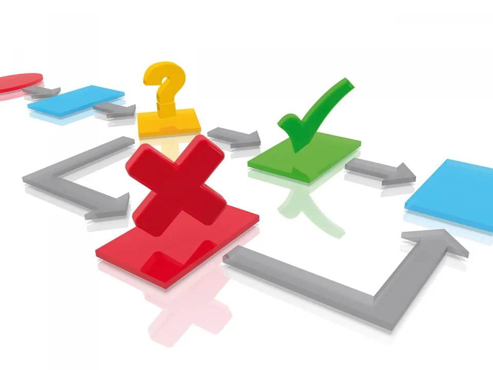 Ilustração 3D com símbolos X Y checkmark em setas representando workflow orçamentario e decisões