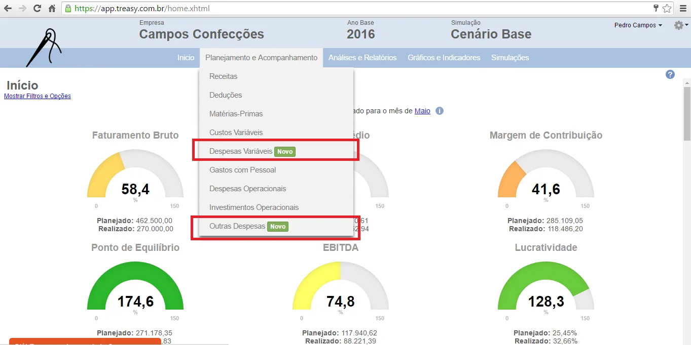 Tela sistema Treasy campos confecções cenários exemplo de despesas variáveis métricas indicadores