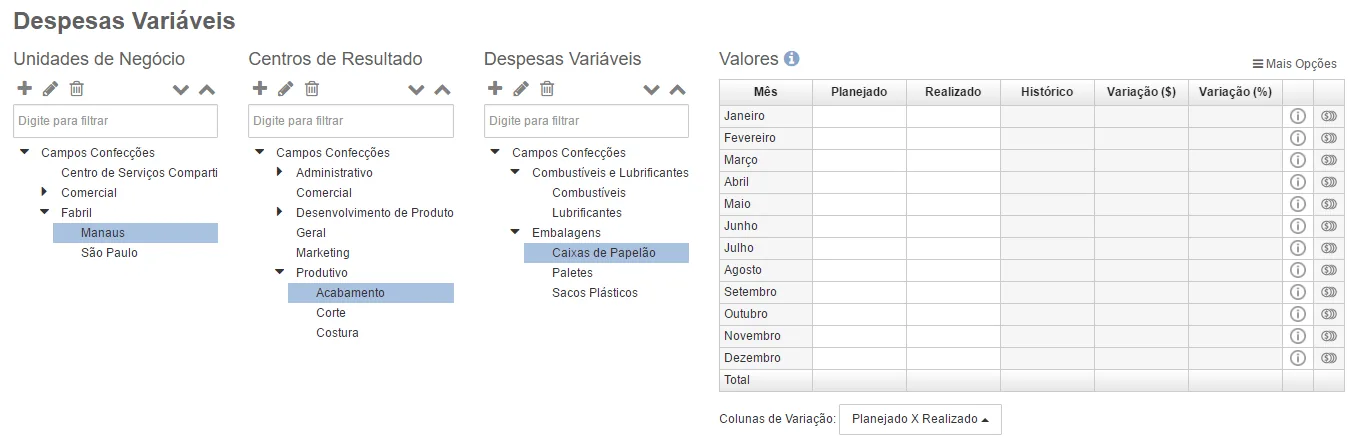 Menu Treasy opção exemplos de despesas variáveis com categorias valores gerenciamento projeção
