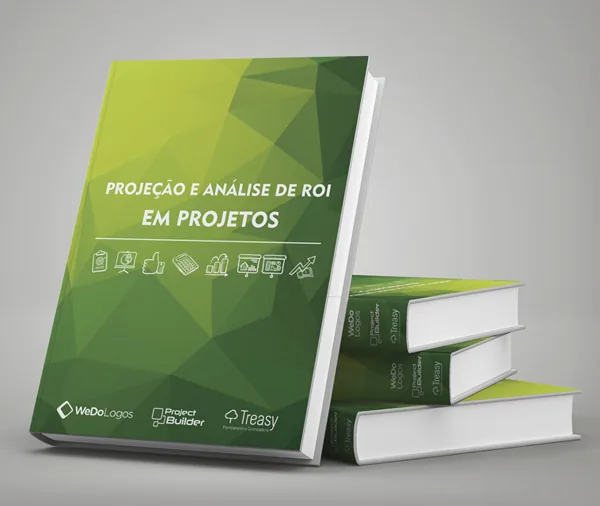 Capa ebook verde com guia de análise de ROI em projetos sobre pilha de livros