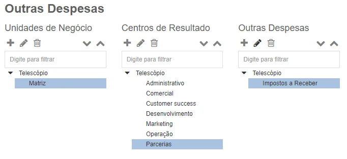 Interface sistema filtros dimensões estruturando centros resultado impostos a compensar