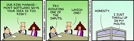 Tiras de quadrinho Dilbert abordando gestão de risco e value at risk VAR