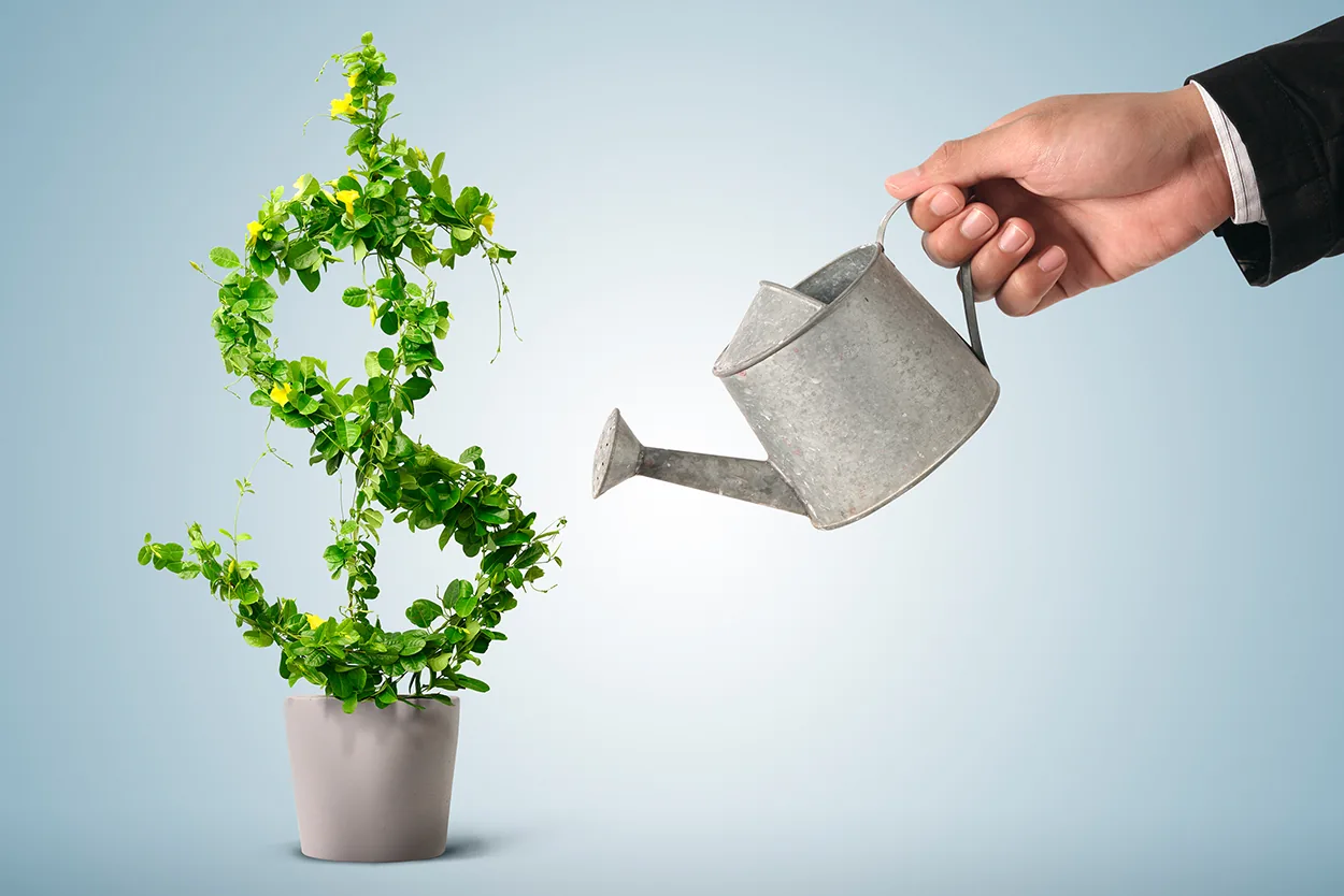Ícone símbolo dólar verde crescente representando investimento no orçamento de ti