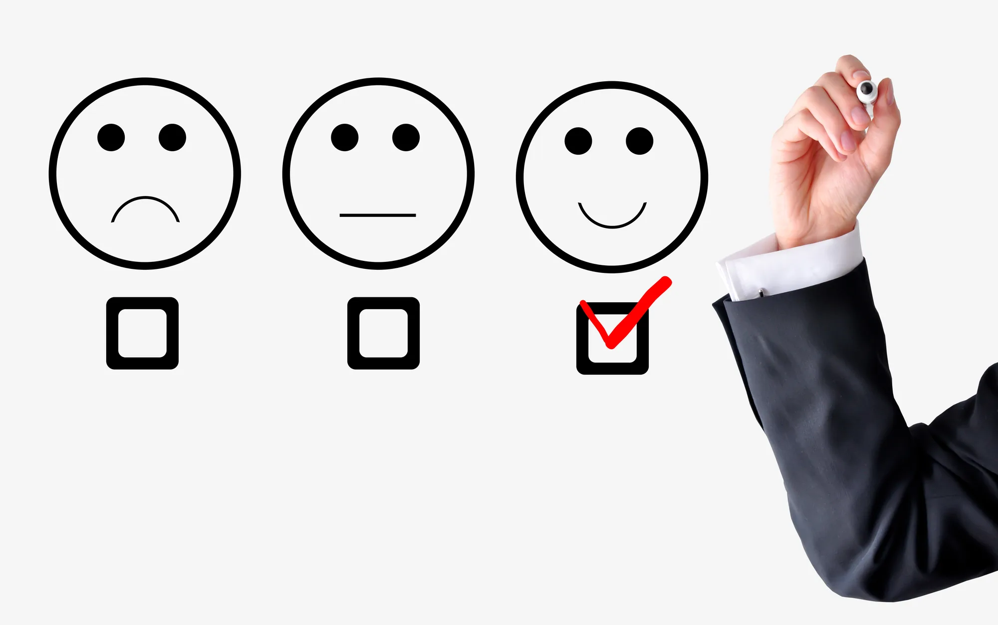 Ícone com faces emoticon e mão marcando opção feliz seguindo dicas para criar um orçamento