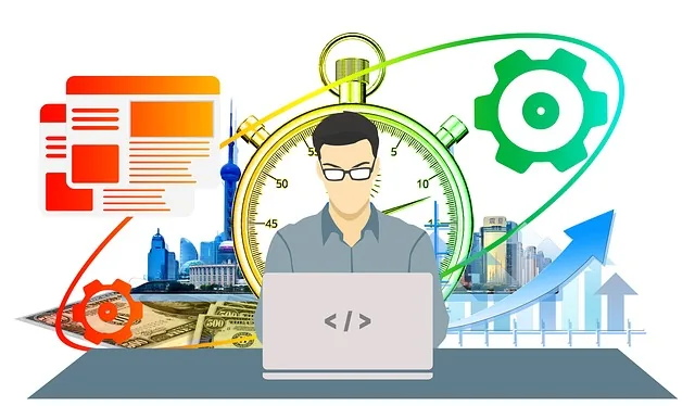 Profissional startup com laptop ícones negócio impairment test